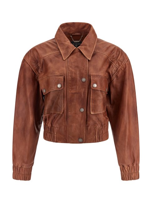 Guess Crop Veste En Cuir Véritable Marron