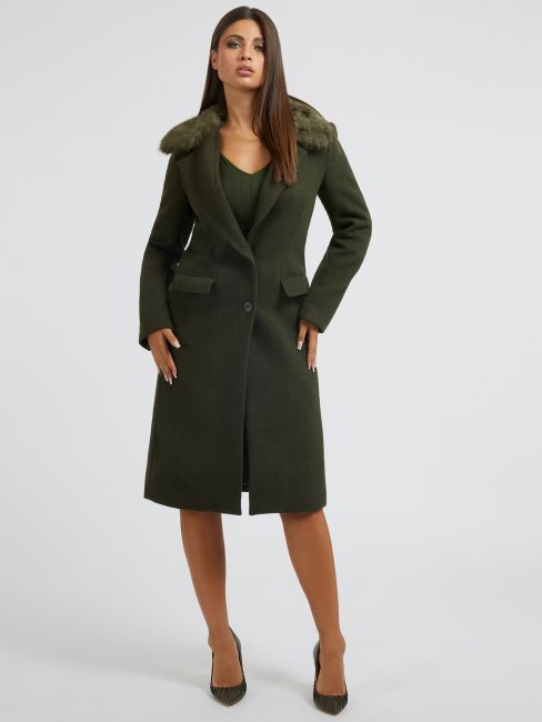 Manteau Guess Vert En Laine Mélangée à Col En Fausse Fourrure