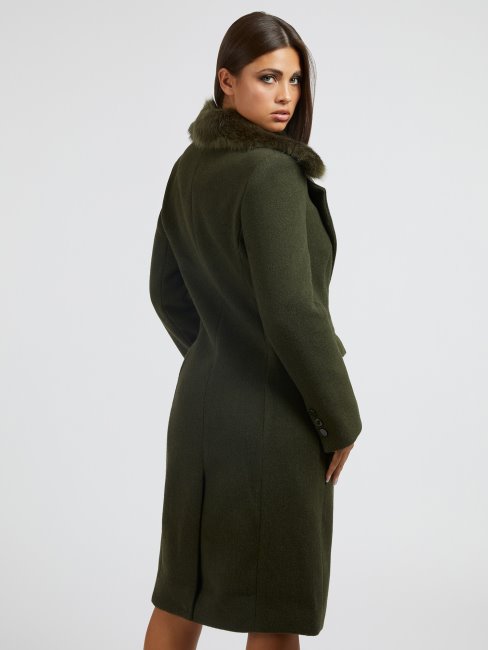 Manteau Guess Vert En Laine Mélangée à Col En Fausse Fourrure