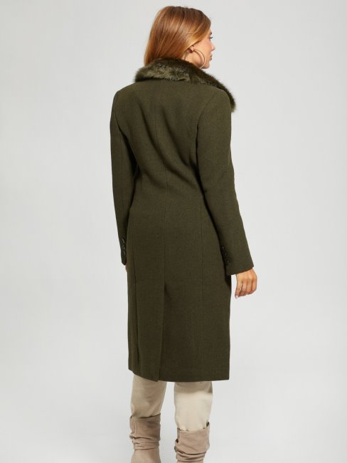 Manteau Guess Vert En Laine Mélangée à Col En Fausse Fourrure