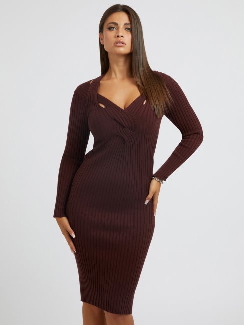 Robe Pull Détail Tissé Marron Guess