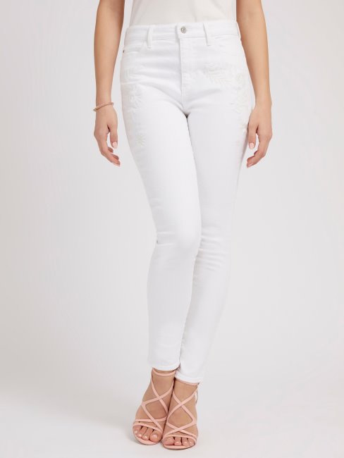 Guess Pantalon En Denim Coupe Skinny Brodé Blanc