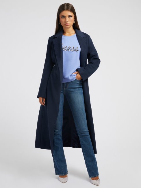 Guess Manteau Ceinturé En Laine Mélangée Bleu