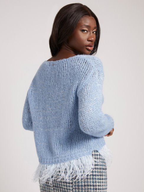 Pull En Laine Mélangée à Plumes Colorées Bleu Guess