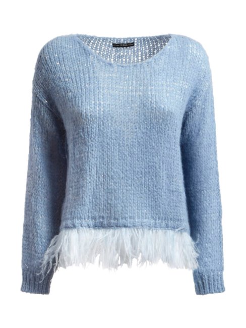 Pull En Laine Mélangée à Plumes Colorées Bleu Guess