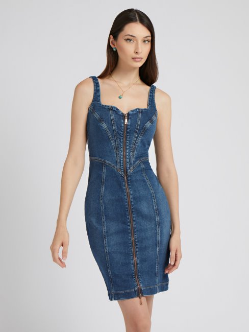 Robe En Denim à Fermeture Zippée Sur Le Devant Bleu Guess