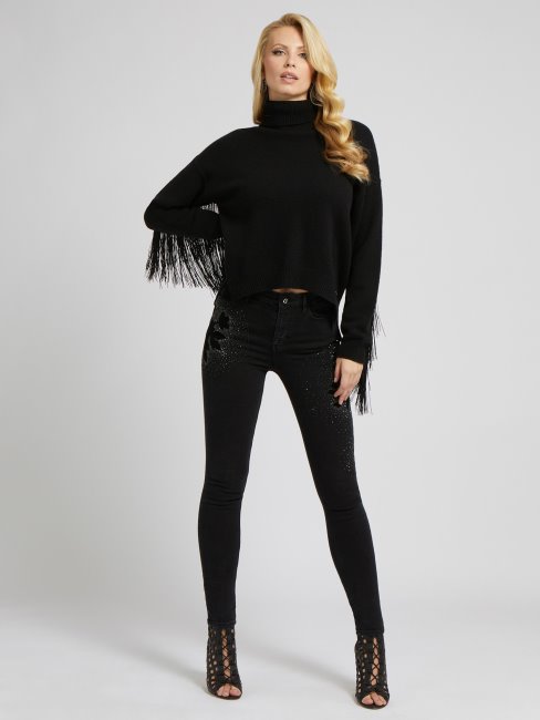 Pull Noir à Franges En Laine Mélangée Guess
