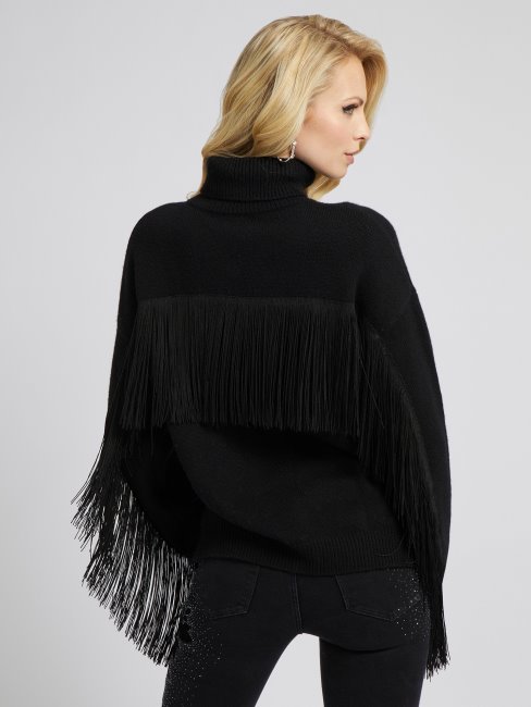Pull Noir à Franges En Laine Mélangée Guess