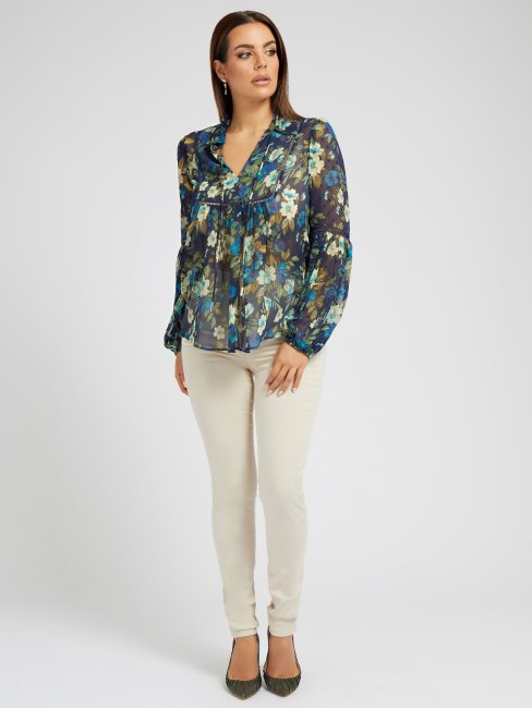 Chemisier Bleu En Mousseline De Soie Guess