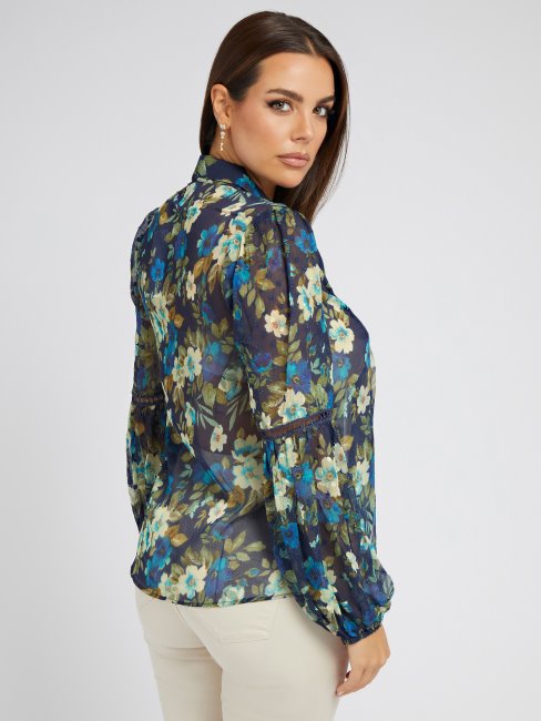 Chemisier Bleu En Mousseline De Soie Guess