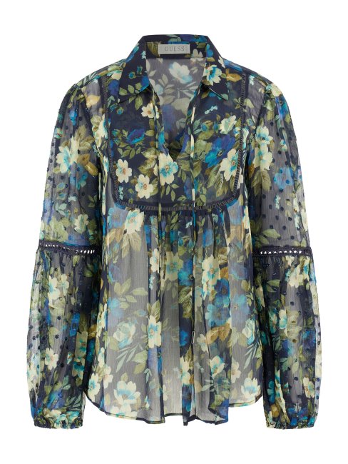 Chemisier Bleu En Mousseline De Soie Guess