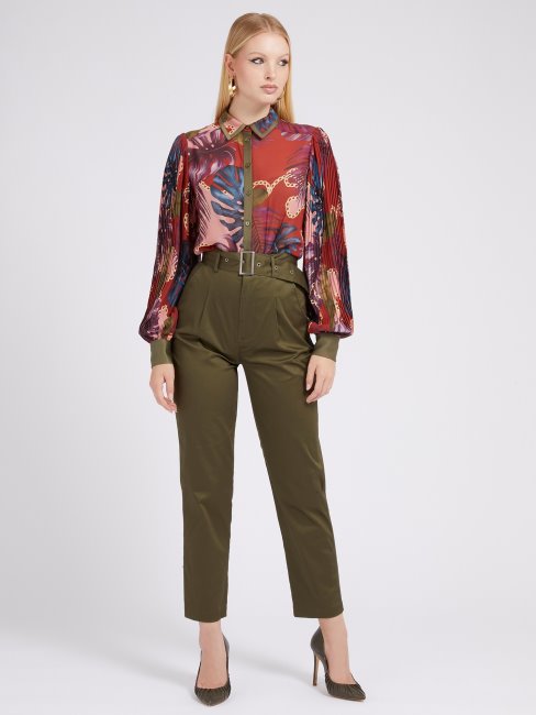 Pantalon En Satin Vert à Ceinture Guess