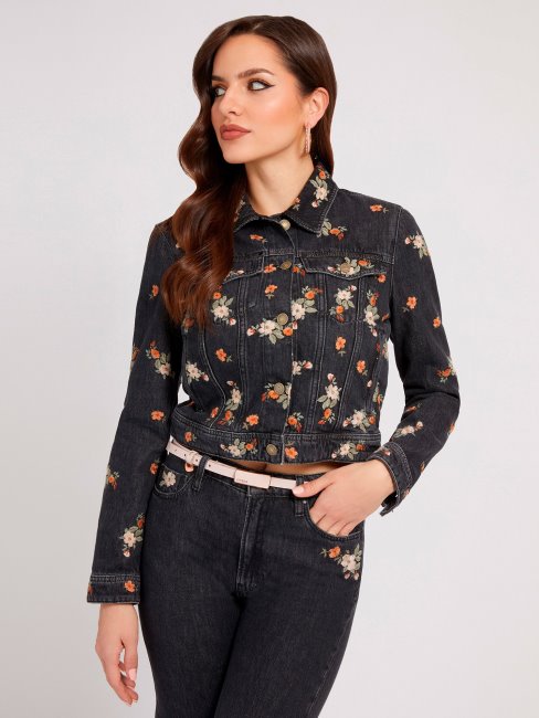 Veste En Jean Noire Broderie Florale Guess