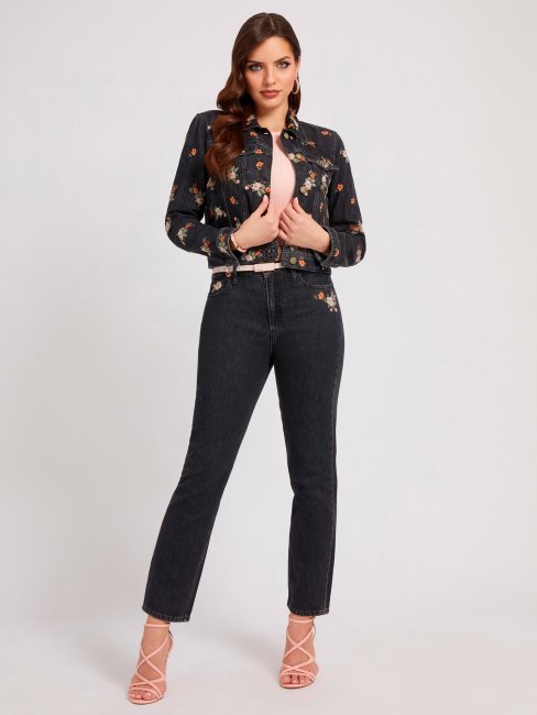 Veste En Jean Noire Broderie Florale Guess