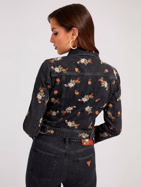 Veste En Jean Noire Broderie Florale Guess