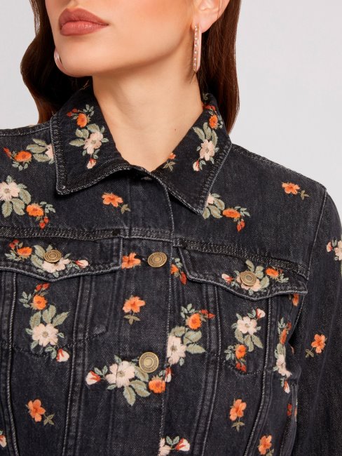Veste En Jean Noire Broderie Florale Guess