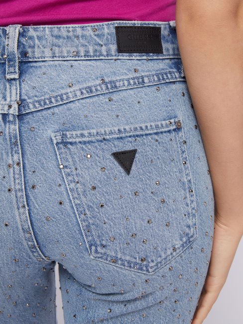 Guess Pantalon Droit En Denim Bleu à Strass