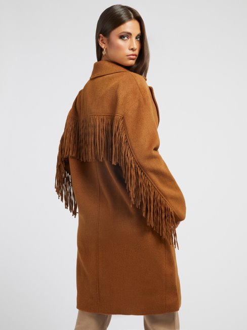 Manteau En Laine Mélangée à Franges Marron Guess