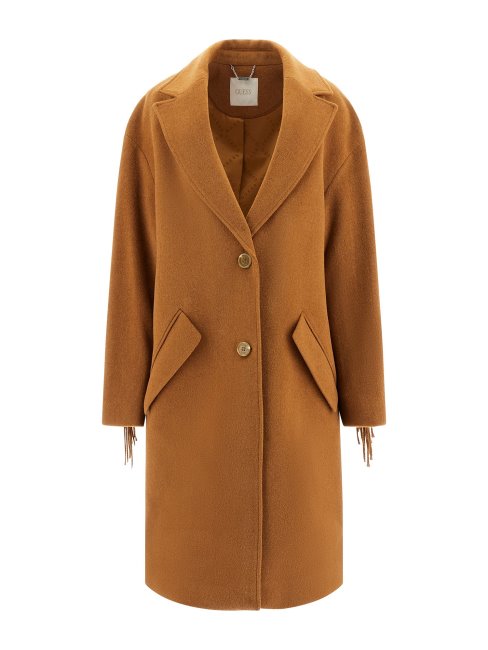Manteau En Laine Mélangée à Franges Marron Guess
