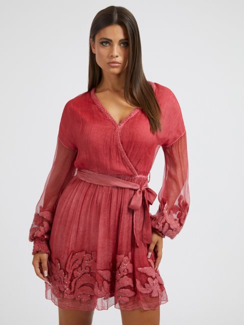 Robe En Soie Brodée Rouge Guess