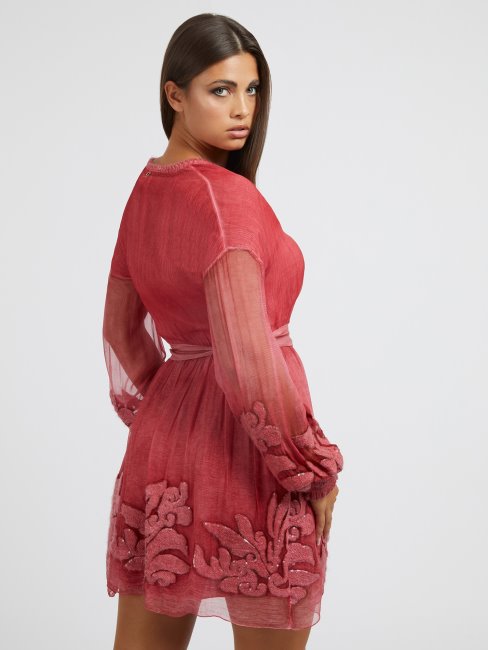 Robe En Soie Brodée Rouge Guess