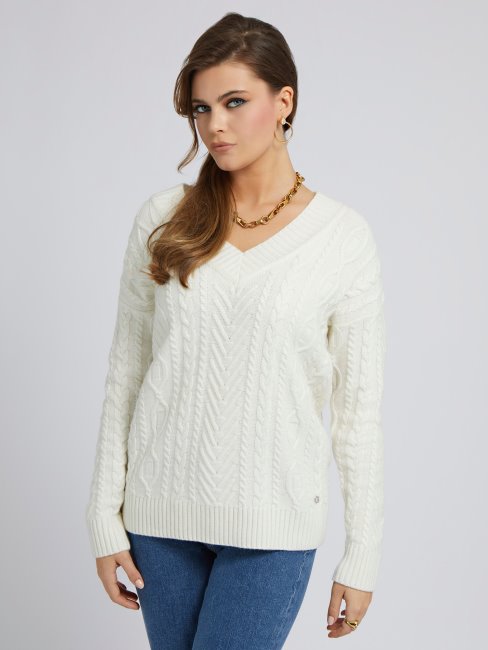 Pull Torsadé En Laine Mélangée Blanc Guess