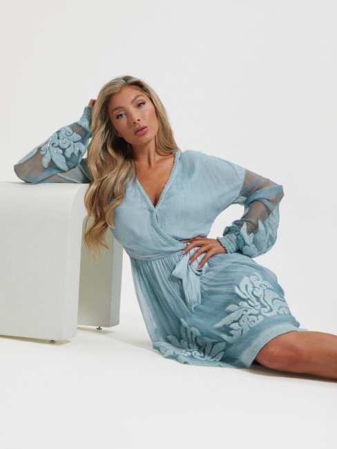 Robe En Soie Brodée Guess Bleu Clair