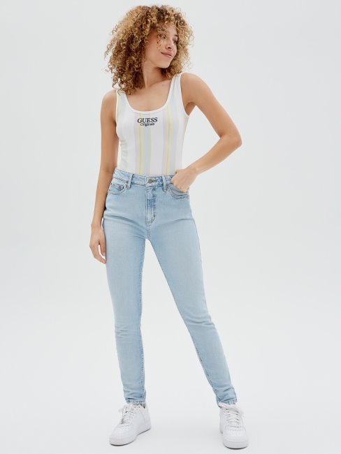 Guess Body Blanc à Rayures Et Logos Multiples Sur Le Devant