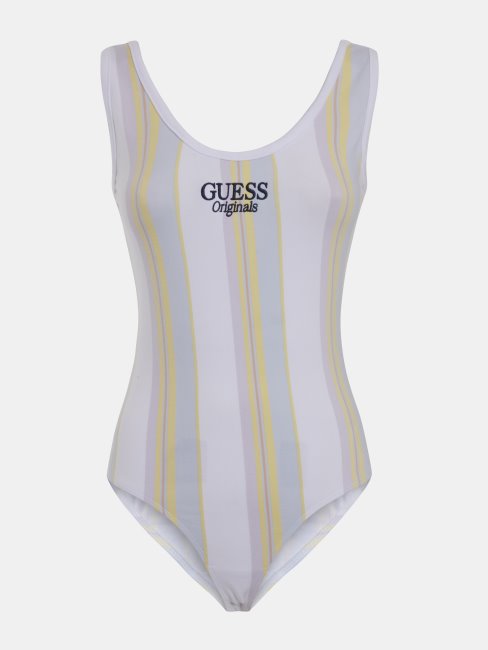 Guess Body Blanc à Rayures Et Logos Multiples Sur Le Devant