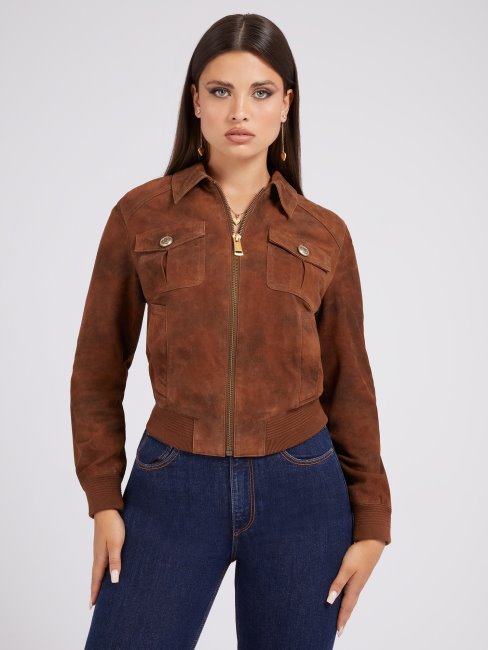 Guess Veste En Cuir Véritable Marron
