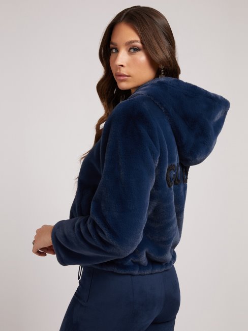 Guess Veste Logo Fausse Fourrure Bleu
