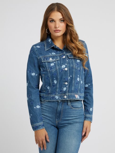 Guess Veste En Jean Bleue à Broderies Florales