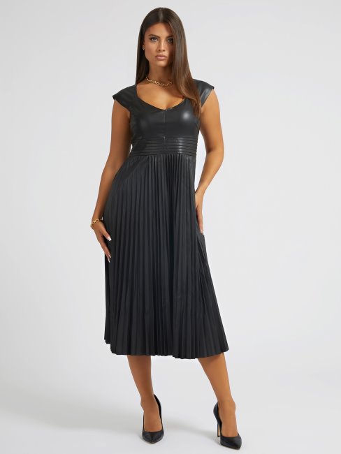 Robe Noire Plissée En Simili Cuir