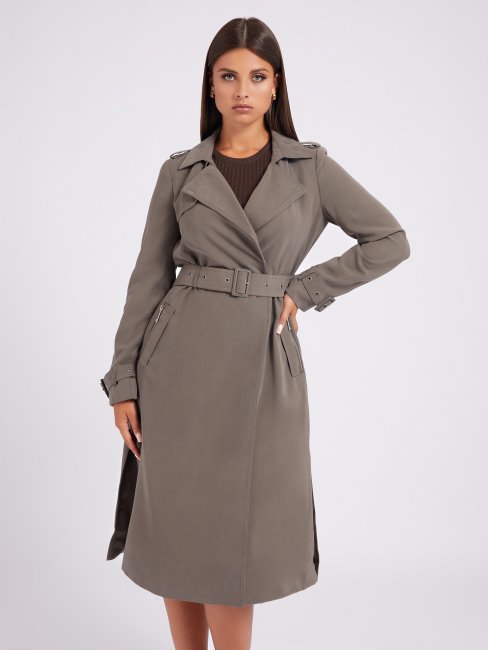 Trench Ceinturé En Viscose Mélangée Vert Guess