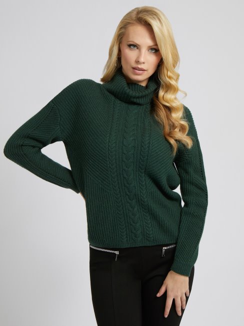 Pull Col Roulé En Maille Torsadée Vert Guess