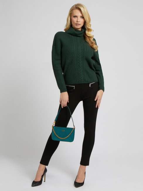 Pull Col Roulé En Maille Torsadée Vert Guess