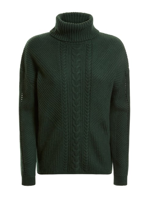 Pull Col Roulé En Maille Torsadée Vert Guess