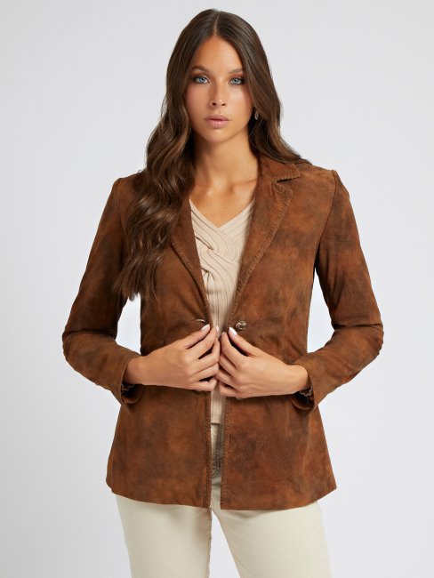 Blazer En Cuir Véritable Marron Guess