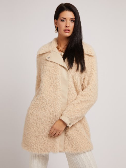 Guess Manteau Blanc En Fausse Fourrure