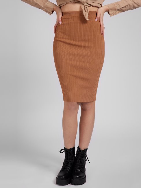 Guess Jupe Longue En Maille Marron