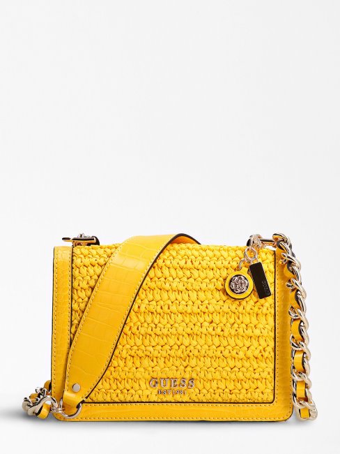 Guess Abey Mini Sac à Bandoulière En Raphia Jaune