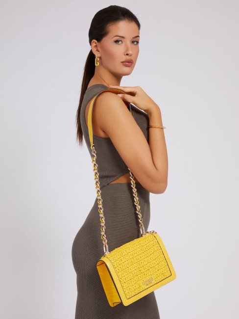 Guess Abey Mini Sac à Bandoulière En Raphia Jaune