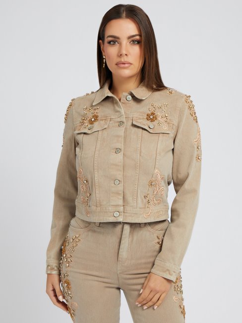 Veste En Jean Broderie Florale Guess Beige