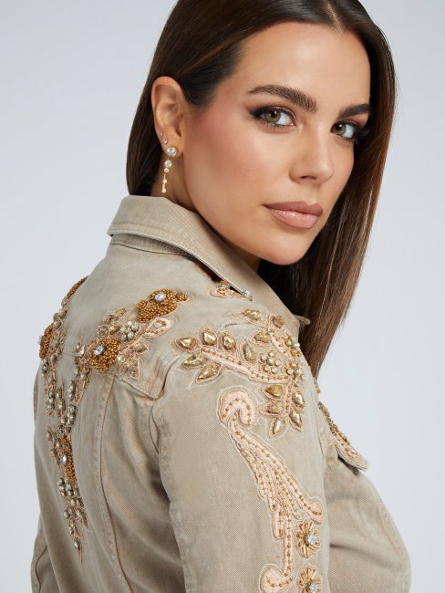 Veste En Jean Broderie Florale Guess Beige