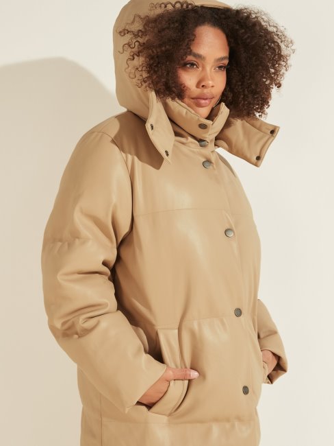 Guess Veste Matelassée Simili Cuir Beige