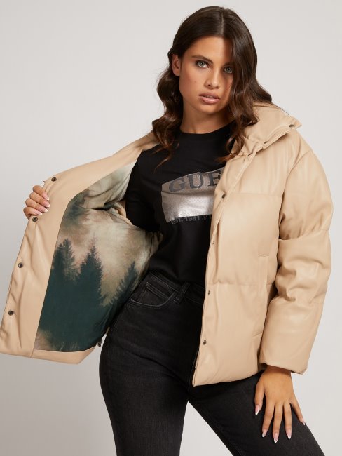 Guess Veste Matelassée En Similicuir Beige