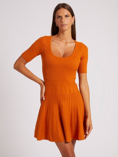 Robe Chandail Orange Ajustée Et évasée Guess