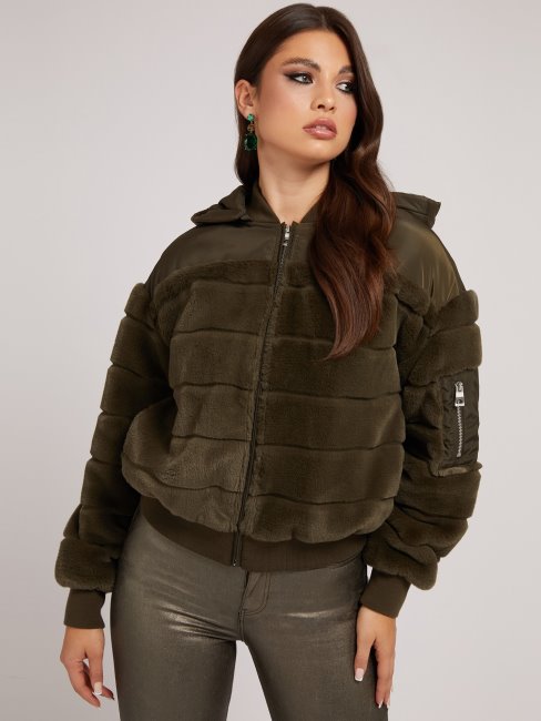 Guess Bomber En Fausse Fourrure De Nylon Vert Multi