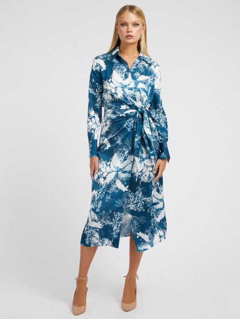 Guess Robe Longue Imprimé Fleuri Bleu Multi