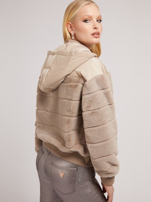 Bomber Fausse Fourrure Nylon Beige Guess